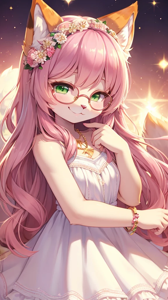 best quality,best resolution,(fluffy anthro furry :1.6),(young :1.8), cat girl,long hair,wavy hair,pink hair,green eyes,glistering eyes,sparkle eyes,ultra detailed eyes,beige fur,circle glasses,flower hair ornaments,white fur,(white dress),sparkle stars background,glistering dusts surrounded,light and shadow,full face blush,heart expression eyes,heart eyes,looking at viewer,seductive face,closed eyes,smile