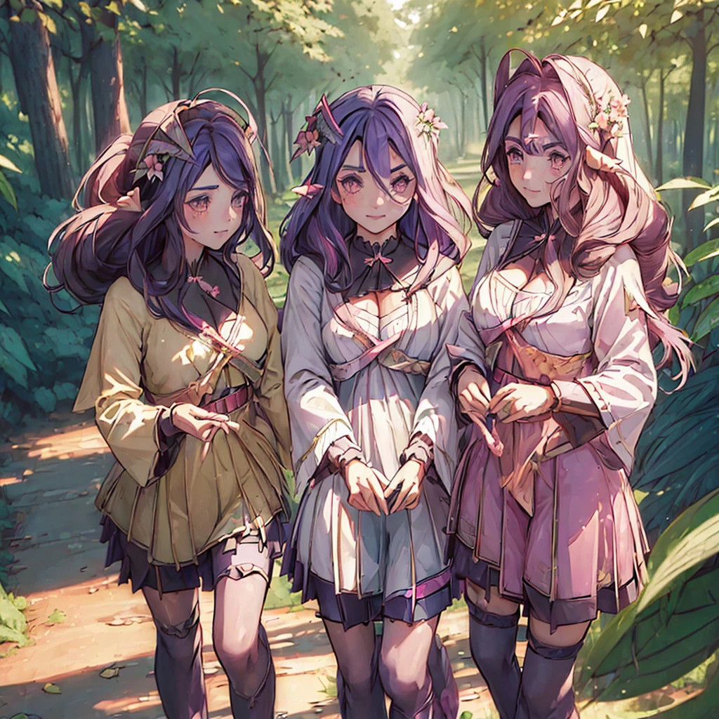 Vision, (three Lolitas: 2) Stable diffusion is the best image quality, morning sunshine, spring scenery, dew and flowers, flying hair, living in a dreamland of mushrooms and fairy tales, traveling, running, and laughing. forest path
