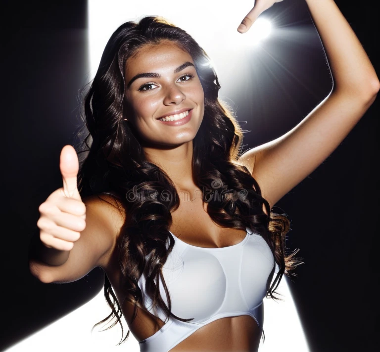 A beautiful sexy European girl 25 years old looks at the camera with a large bust in full growth, (((full length))) smiling happily, with hair in full length in sexy minimalist (((sports clothes))), posing for the camera, looks at the camera, one hand raised and ((((pointing upward with the index finger)))), in stock photography style, studio light, on a black background, (((((backlight))))), contrast light, mystical lighting, (((shadow areas))) ((((( full length)))))