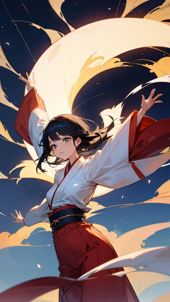 A Japanese girl in her twenties spreading her arms towards the night sky