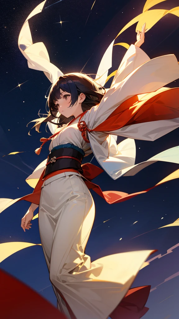 A Japanese girl in her twenties spreading her arms towards the night sky