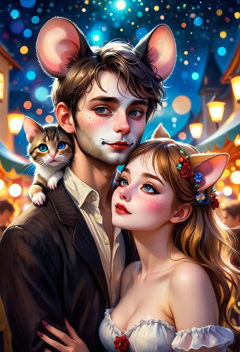 Renoir style , Hallucination, daydream , nightmare , Insane Dream , bokeh , erotica , romance , realistic mouse girl and realistic cat man , realistic nose , festival