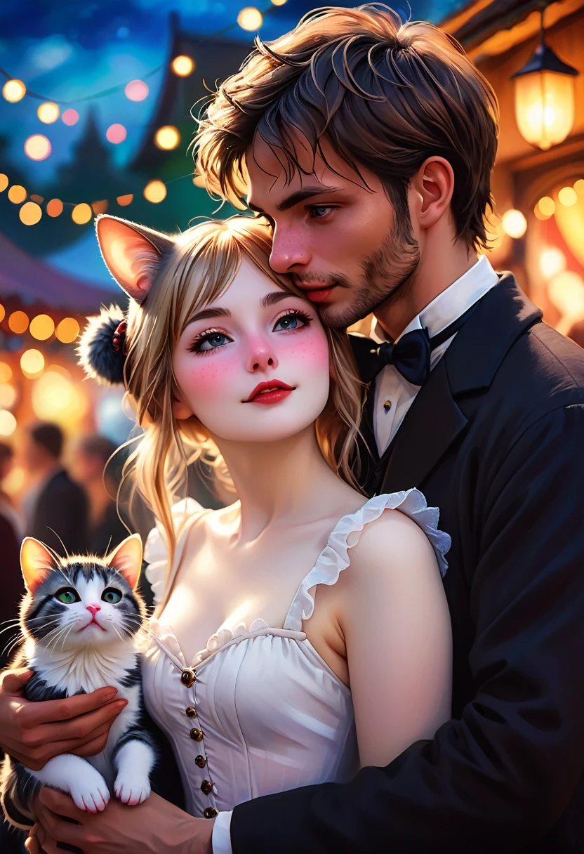Renoir style , Hallucination, daydream , nightmare , Insane Dream , bokeh , erotica , romance , realistic mouse girl and realistic cat man , realistic nose , festival