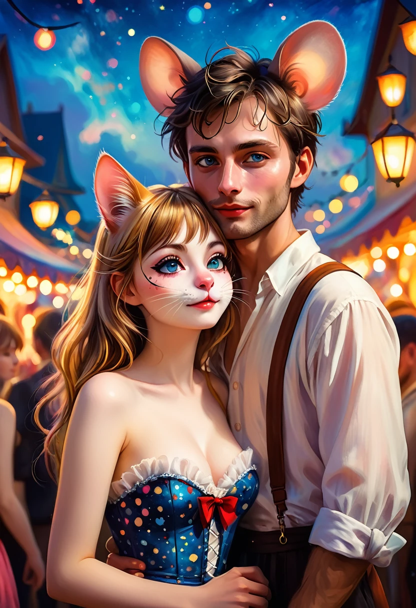 Renoir style , Hallucination, daydream , nightmare , Insane Dream , bokeh , erotica , romance , realistic mouse girl and realistic cat man , realistic nose , festival