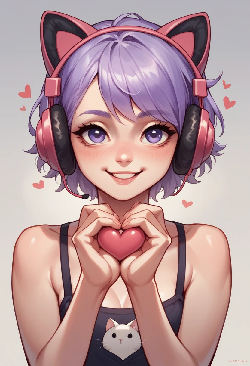 One with light purple hair and a beautiful smile, kitten headphones, making a little heart with your hands, and straight side hair