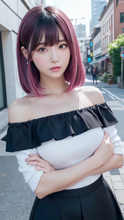 ((Highest quality)),((最high resolution)),((high resolution)),((detailed)),((High definition)),((8K)),((Perfect body)),((Perfect Face)),((Realistic)),((Real)),((Realistic)),((Beauty)),Korean、Stylish cityscape、Outdoor、blue sky、Black Hair、((Pink hair tips))、big breasts、Straight long hair、Very dense makeup、((Bangs cut in a straight line))、Black Mini Skirt、Black ruffled off-the-shoulder top、Cross your arms、Slanted Eyes