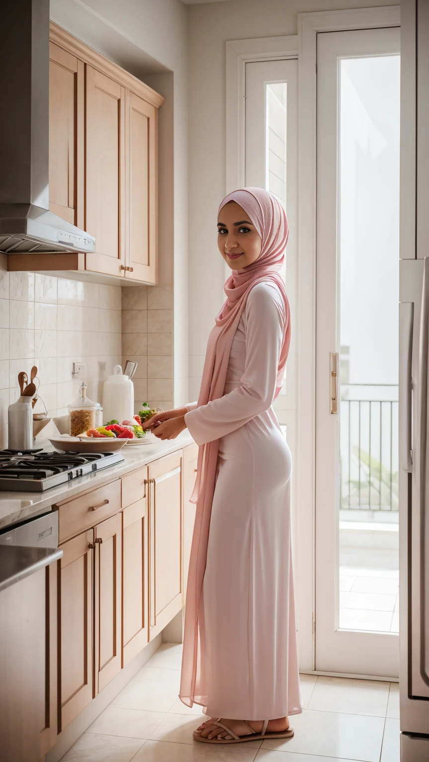 A young woman in light pink hijab, perfect hijab, white maxi dress, and sandals standing in the kitchen, facing to the front, feminine pose, cute face, serene expression, detailed face, detailed clothes, detailed background, warm ambience, bright lighting, natural lighting, 4k, high quality, high resolution, masterpiece