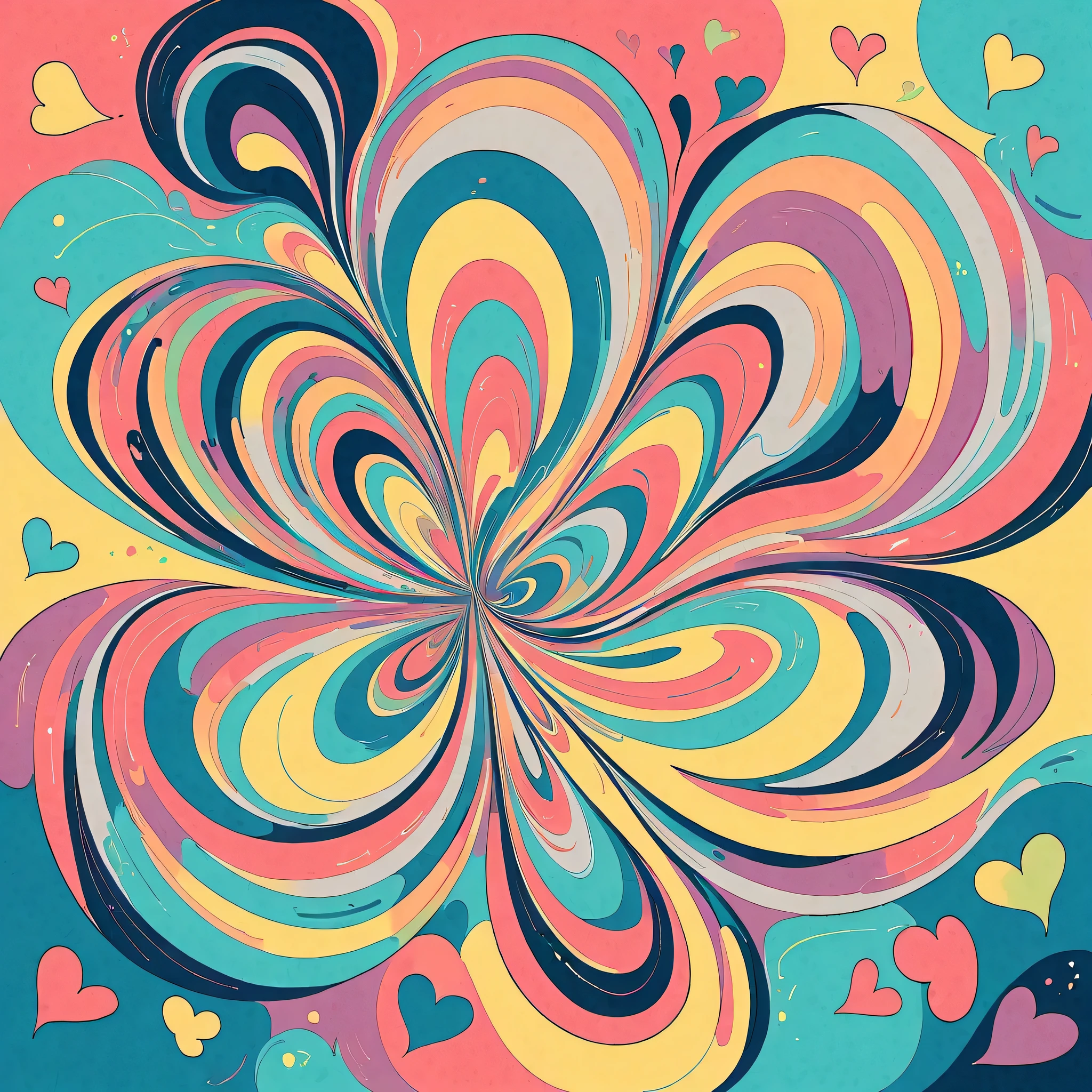 Kei Mochizuki style, Simple Line Initialism,Abstract art,Urban Background, colorful hearts