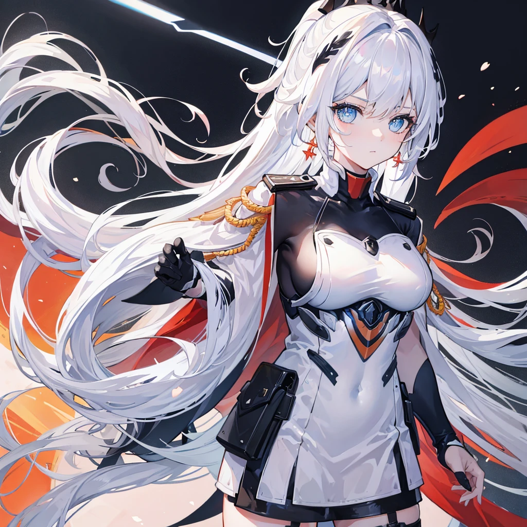 High quality, HD, 4k, Beautiful girl, ager, white hair, long hair, pony tail blue eyes, medium breast, black military uniform