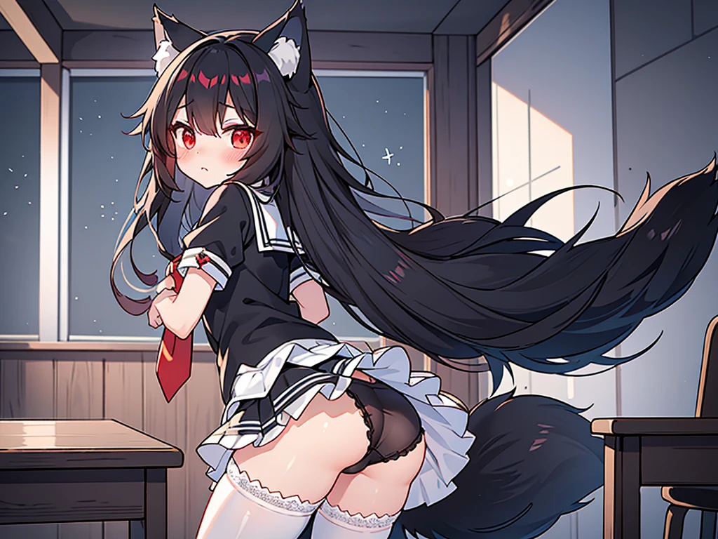 black long straight hair,hyper cute small young shota,
fenrir shota,fluffy wolf tail,ultra frilly miniskirt saIlor uniform,garter stockings,white frill,stand in classroom,
Press your ass against me,Blushing with embarrassment,
glowing red eyes,bare black panties,