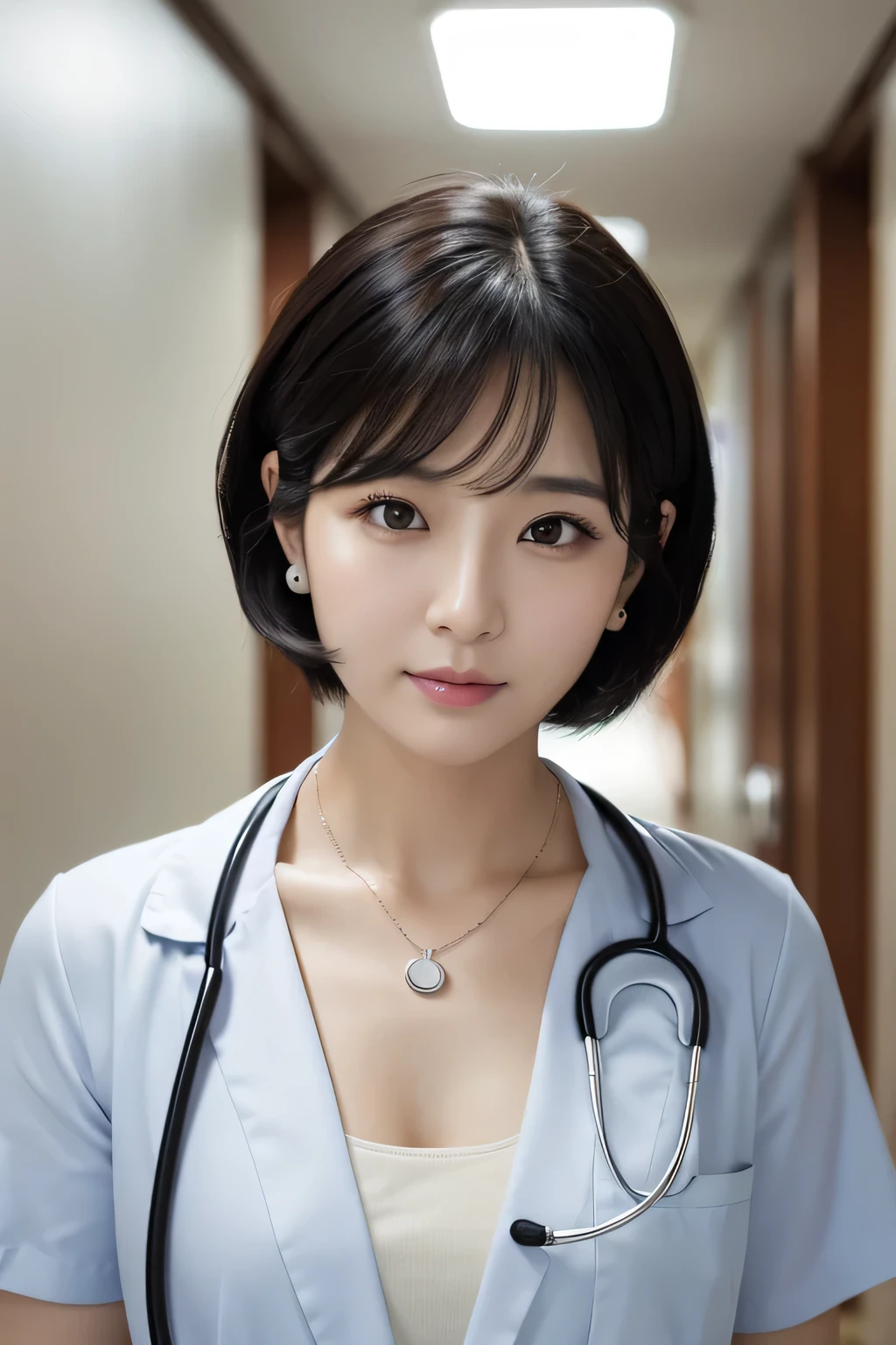 Beautiful 35歳のwoman、 Korean women、Black Hair、Necklace around the neck、White、、Stethoscope、Mask on mouth、Short Haircut、Wavy Hair、Intricate details, Very detailed:1.2), 、 Looking into the camera,The background is the corridor of the hospital.、ear piercing
