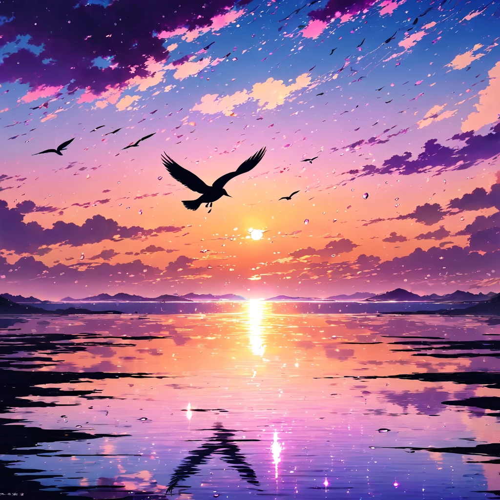 beautiful景色, Sunset, sunset, orange, pink, purple, Gradation, Ocean, lake, water surface, reflection, bird, silhouette, wing, tears, Water Drop, Sparkling, painful, beautiful, ephemeral, like, farewell, hope, reproduction ,beautiful Anime Scenery, Landscape painting, beautifulデジタル絵画, Andreas Rocha, beautifulアートワークのイラスト, Awesome Wallpapers, Raymond Han, 背の高いbeautiful絵画, スタジオグリブリー 新Ocean誠, beautiful壁紙, Anime Scenery