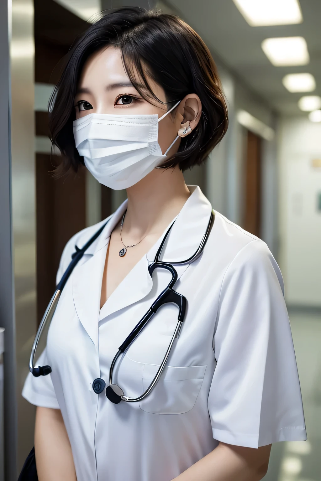 Beautiful 35歳のwoman、 Korean women、Black Hair、Necklace around the neck、White、、Stethoscope、Mask on mouth、Short Haircut、Wavy Hair、Intricate details, Very detailed:1.2), 、 Looking into the camera,The background is the corridor of the hospital.、ear piercing
