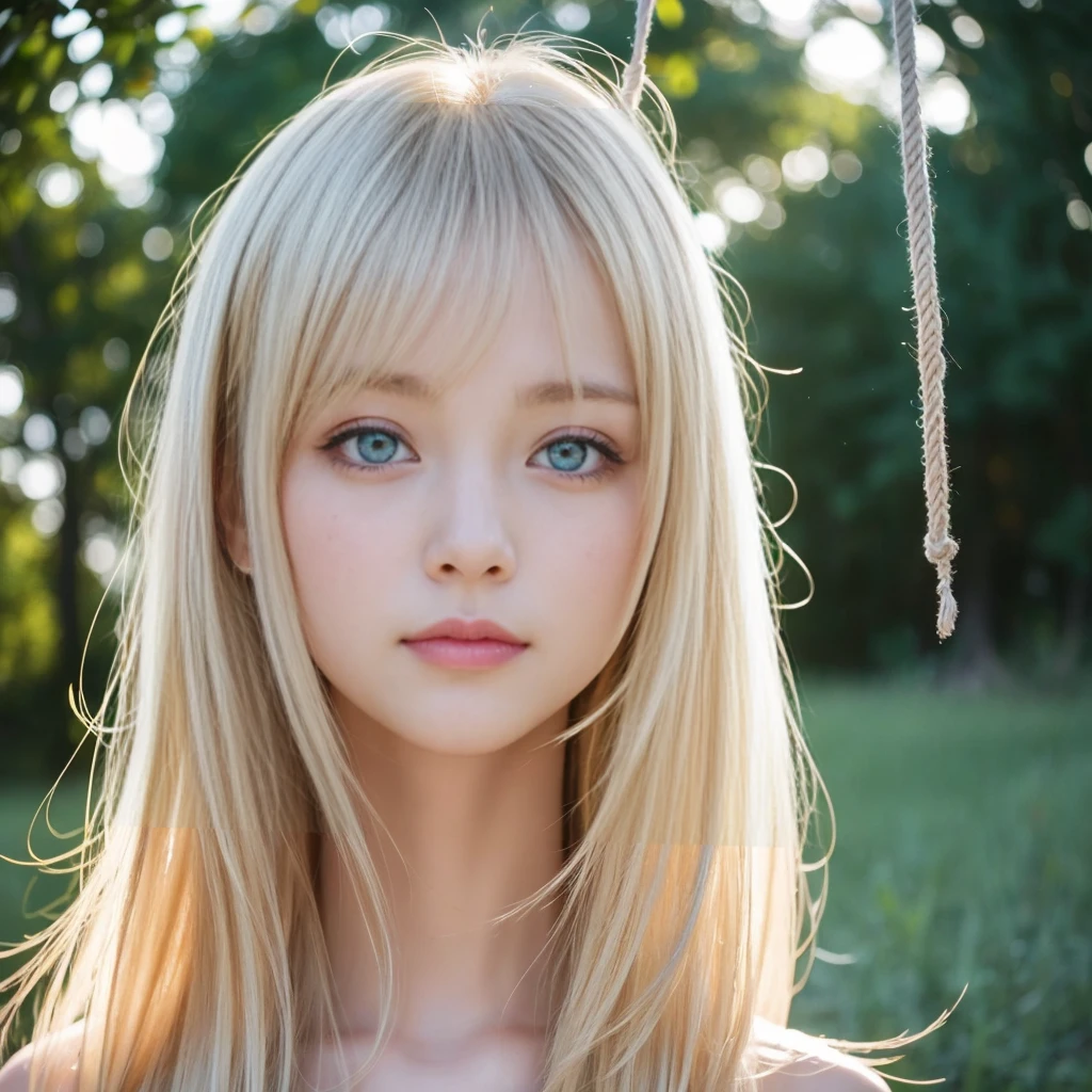 beautiful Scandinavian girl with beautiful bright blonde hair.、セクシーでとてもbeautiful輝くかわいい顔、Beautiful, glowing skin、Mysterious blonde light reflecting dazzlingly、beautiful, Cute and sexy, Large, shining, pale, light blue eyes、Very big eyes、beautiful super long shiny silky blonde hair、Swing your bangs in front of your eyes、セクシーな16歳のかわいいbeautiful女の子、blonde hair above eyes、片blonde hair above eyes、Blonde hair between the eyes、Cheek highlight、Small Face Beauty