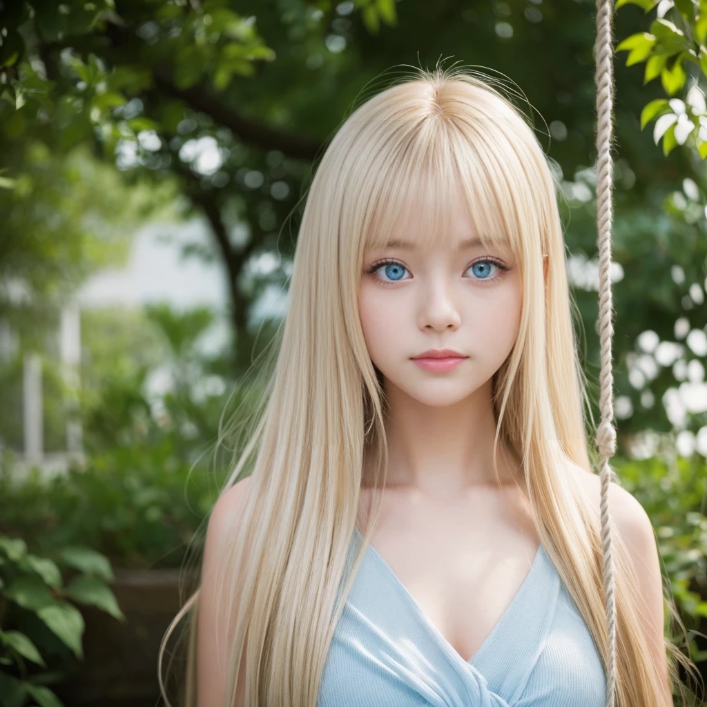 beautiful Scandinavian girl with beautiful bright blonde hair.、セクシーでとてもbeautiful輝くかわいい顔、Beautiful, glowing skin、Mysterious blonde light reflecting dazzlingly、beautiful, Cute and sexy, Large, shining, pale, light blue eyes、Very big eyes、beautiful super long shiny silky blonde hair、Swing your bangs in front of your eyes、セクシーな16歳のかわいいbeautiful女の子、blonde hair above eyes、片blonde hair above eyes、Blonde hair between the eyes、Cheek highlight、Small Face Beauty