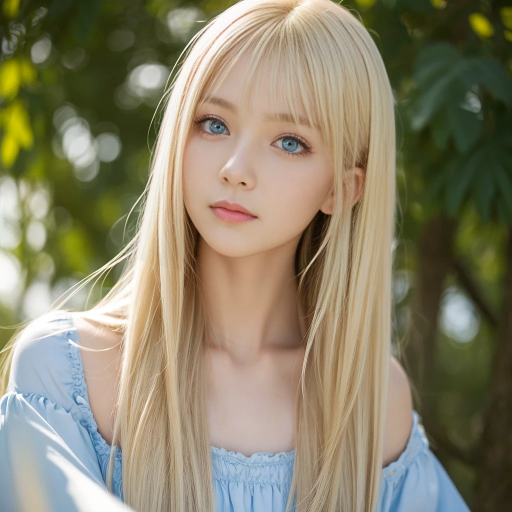 beautiful Scandinavian girl with beautiful bright blonde hair.、セクシーでとてもbeautiful輝くかわいい顔、Beautiful, glowing skin、Mysterious blonde light reflecting dazzlingly、beautiful, Cute and sexy, Large, shining, pale, light blue eyes、Very big eyes、beautiful super long shiny silky blonde hair、Swing your bangs in front of your eyes、セクシーな16歳のかわいいbeautiful女の子、blonde hair above eyes、片blonde hair above eyes、Blonde hair between the eyes、Cheek highlight、Small Face Beauty