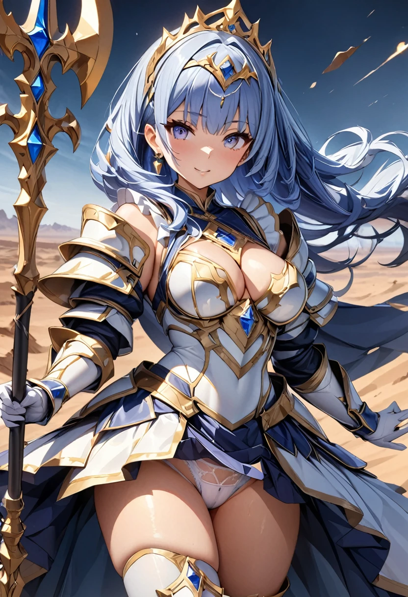 (Perfect Anatomy)、Mastepiece、Ultra High Quality、 8K、masterpiece、Highest quality、Ultra-high resolution、Maximum resolution、Very detailed、Professional Lighting、anime、Adult female、thin、so beautiful、Highly detailed eye、Draw the whole body、Armored Dress, Blue and white armor, , Golden decorated luxury tiara，Golden earrings，Frilly Armor，Blue Hair, blue eyes,，Scabbard on waist，Wizard，Holding a spear with both hands，White underwear，desert