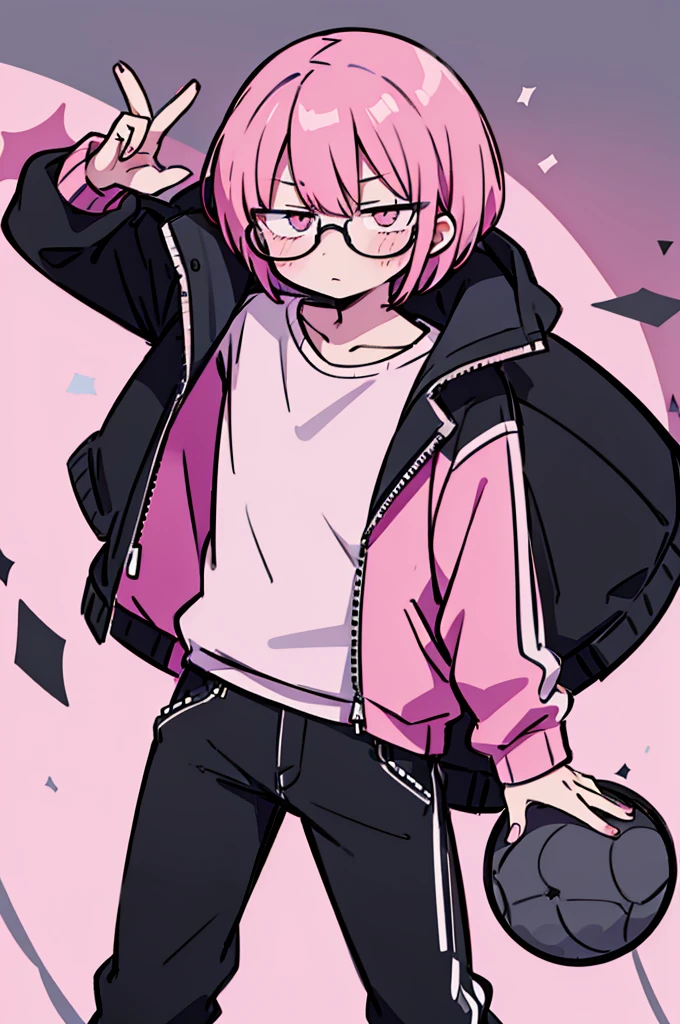 black pants, Sharp image, man, pink hair, wearing a pink jacket. , has a dull, bored face, wears round glasses, has short, neat hair,