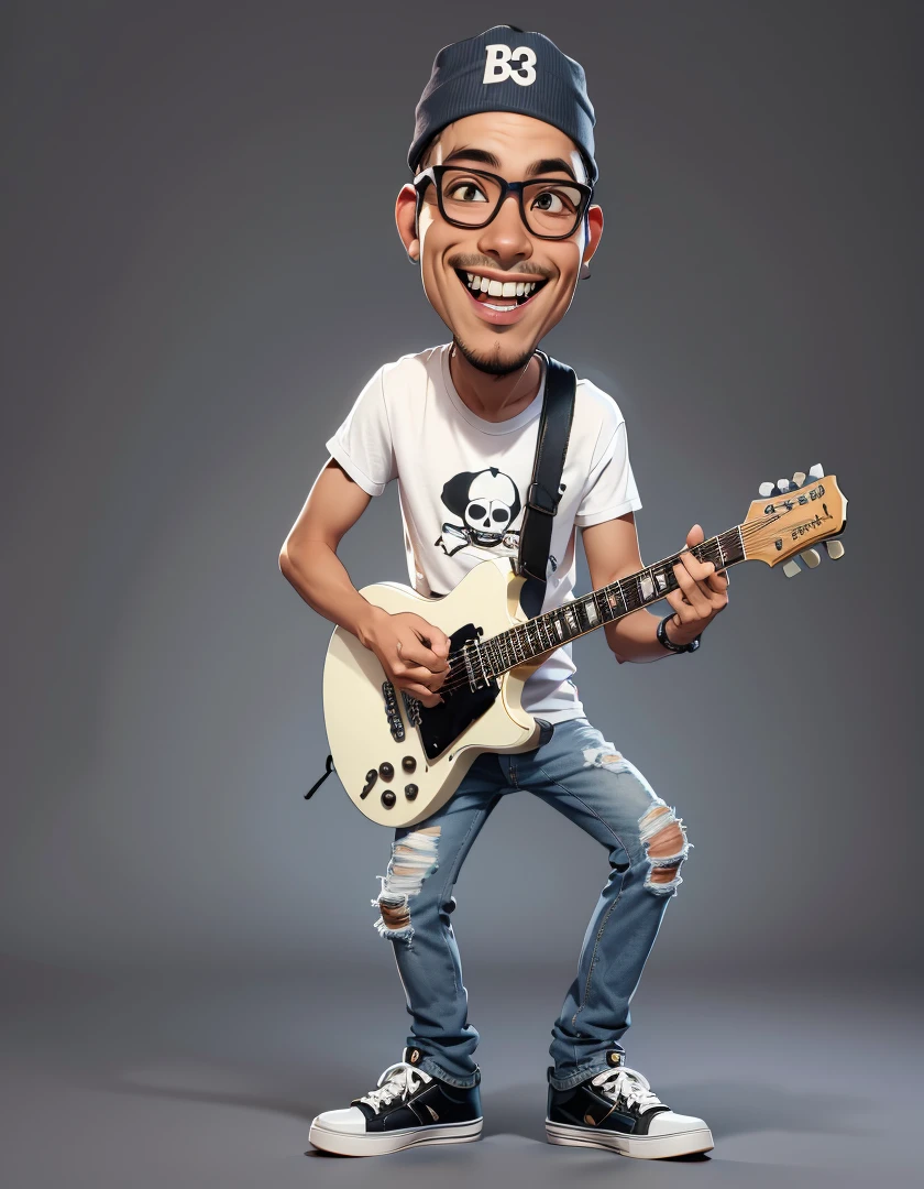 cartoon man with guitar and hat on a gray background, guitarist, inspired brealistic caricature, smiling, Indonesian man with glasses, thin body, wearing a skullcap, white "B3AN" t-shirt, torn jeans, shoes, full body, rock guitarist style, Gibson guitar, big head XL caricature