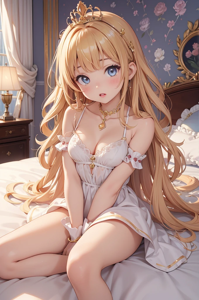 masterpiece, best quality, highres, perfect pixel, depth of field, 1girl, single, beautiful anime girl, beautiful artstyle, (beautiful eyes), (detailed face), (blush), anime CG style, good lighting, perfect body, lips parted, glossy lips, 
PRİNCESS、Palace Bedroom、Gorgeous bed、Princess Bed、Gorgeous palace、
Golden Hair、Blue clear eyes、Round eyes、Detailed eyes、Plump lips、Pink Lips、Open your mouth a little、
Golden PRİNCESS Dresses、Gorgeous Dress、Gorgeous Futon、Golden tiara、Princess with arms chained to bed:1.5、Lying in bed、Spread your legs