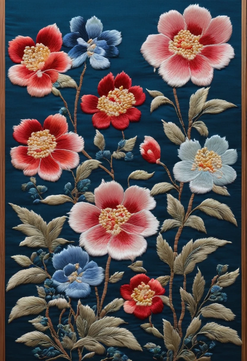 embroidery作品, （A translucent blue embroidery hangs on the wall）, （embroidery），First class embroidery，丝绸embroidery蓝色花瓣, Surrounded by realistic embroidered flowers, Inspired by Yao Jianping&#39;s Suzhou embroidery《Blue Dream》，（background：Blue fragrant cloud yarn），Rich details, Silk Painting, Ink Painting, Holographic rectangular glass frame, Smooth lines, Aerial View, Realistic embroidery details, Ultra HD, Super Detail, 16K,