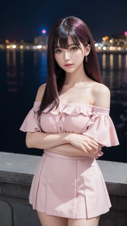 ((Highest quality)),((最high resolution)),((high resolution)),((detailed)),((High definition)),((8K)),((Perfect body)),((Perfect Face)),((Realistic)),((Real)),((Realistic)),((Beauty)),Korean、Stylish cityscape、Outdoor、City、Night view、Black Hair、((Pink hair tips))、big breasts、Straight long hair、Very dense makeup、((Bangs cut in a straight line))、Black Mini Skirt、Black ruffled off-the-shoulder top、Cross your arms、Slanted Eyes
