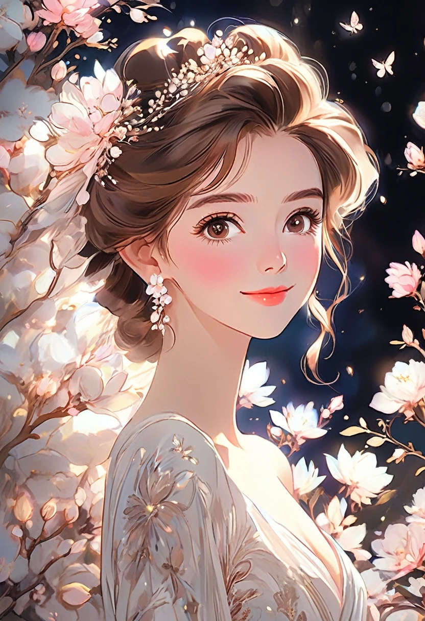 Very detailed,(((ultra detailed face))),best quality, 8k, (柔Light), Light, 1 lady, facing the camera,brown hair, fluffy hair,((forehead)),((almond eye)),elegant, Comfortable, Clean and detailed anime art, Trending on artstart, milky white, illuminate warmly, (pink and white theme),((smile)),dress,night