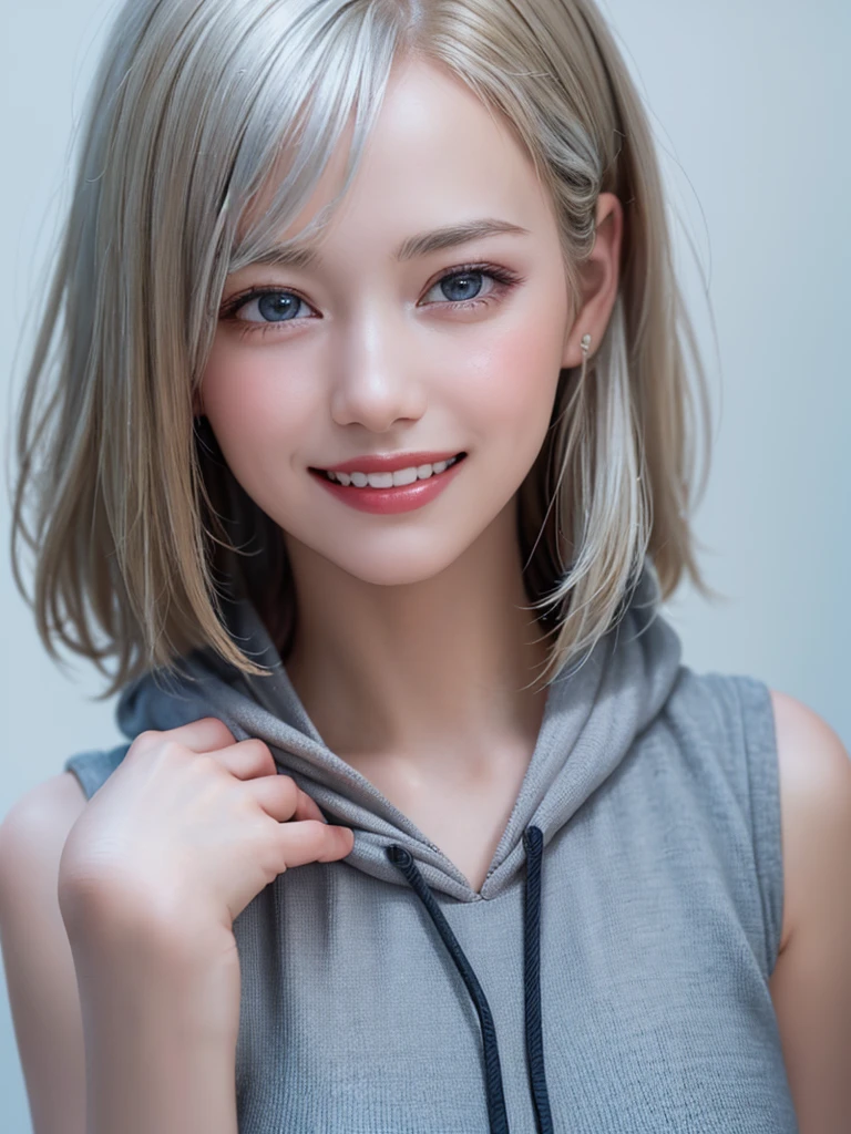 (Highest quality、8K、32k、masterpiece)、(RAW Photos)、(Realistic)、(High resolution)、Very detailedな、Very beautiful face and eyes、One Girl、Round and small face、Delicate body、(close、Highest quality、Rich skin detail、Highest quality、8K)、Very detailed、(Realistic、Realistic:1.37)、Vibrant colors、(((Laughter)))、(((Silver Hair)))、(((Please touch your chest with your right hand.)))、(((smile)))、(((Bust Shot)))、(((White Background)))、((Medium Hair))、(((White wall background)))、(((blonde)))、(((She is wearing a sleeveless hoodie with a pop design...)))、(((Brown and light blue sleeveless hoodie)))、(((White wall background)))、