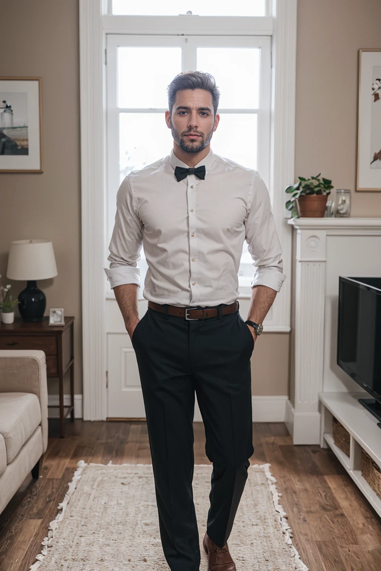 shot by Sony a7 IV Mirrorless Camera, natural light, analog film photo, Kodachrome ,handsome men , living room