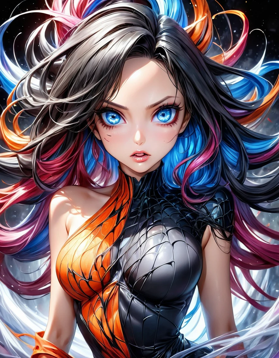 atmosfera orange diamond terror dark furious evil Goku sexy Angelina jolie, In a mesmerizing cascade of color and light, an enchanting anime Venom spider girl candroites viewers with her ethereal beauty. Her delicate features are framed by cascading locks of shimmering long silver black hair, her wide, expressive eyes big BLUE red radiating with emotion. A digital painting brings this stunning character to life, depicting her in intricate detail with a seamless blend of realism and fantasy. Every brushstroke and pixel showcases the artist's skill and dedication, making this image a