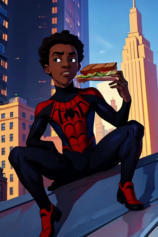  Miles Morales eats a sandwich on a high-rise in New York and shows his abs,