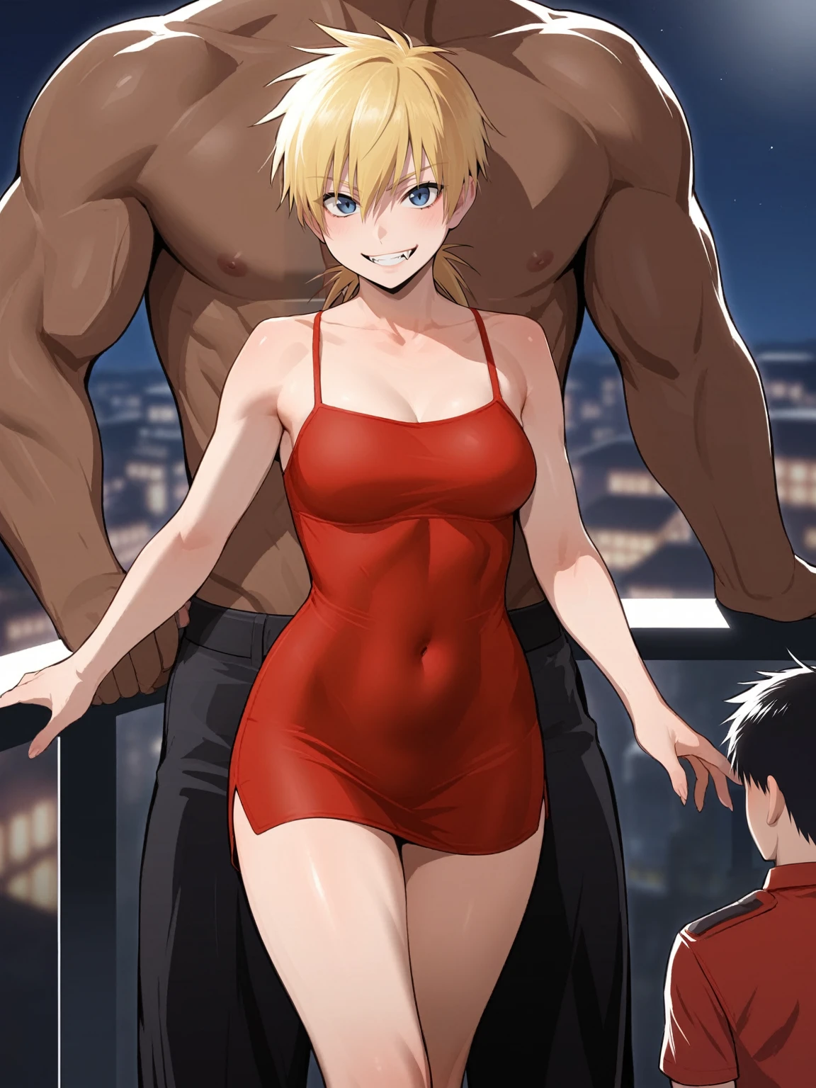 score_9, score_8_up, source_anime, standing, hellsing, seras, blonde hair, nude, indoors, night, night sky, nighttime, vampire, smirk, fangs, ikuchan, balcony, town background, clothed, male wearing shorts, muscular male, medium breasts, boyfriend, couple, sfw, looking at viewer, faceless male, dark skinned male, cuckold pov, ntr, netorare, standing side by side, standing, cuckolding, cuck, 1girl, 1boy, black haired male, interracial, BLACKED, bbc, raceplay, smug, humiliation, ((faceless male)), ((size difference)), tall male, waist grab, ((dark skinned male))), gown, dress, bulge, rating:safe, navel, short dress, red dress, furry, tiger, anthro on human, tiger girl, chubby, bbw, male head out of frame, ((size difference)), , ((large male)), black haired male, solo focus