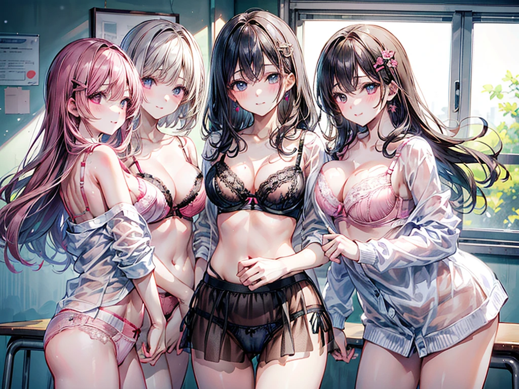 (Best quality, 8k, 32k, Masterpiece, UHD,:1.2),RAW, (3girls),ultra cute , natural lighting,transparent shining eyes, 20yo,medium breast ,fair complexion ,flushed face, ((Beautiful medium breasts)), ((bare breasts)), (Pink floral hair ornament), brown hair, (sheer microbra:1.6), cameltoe, School, classroom, soft smiling, , (((Only bra and panties))), standing, Cowboy shot