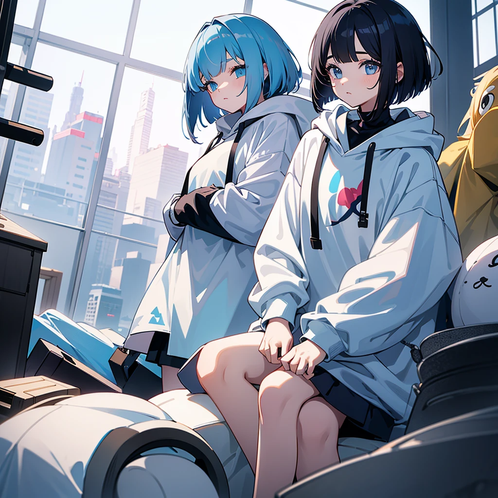 The girl on the left has a bob cut、Wearing an oversized hoodie。Long Hair Girl、They both wore matching oversized hoodies.