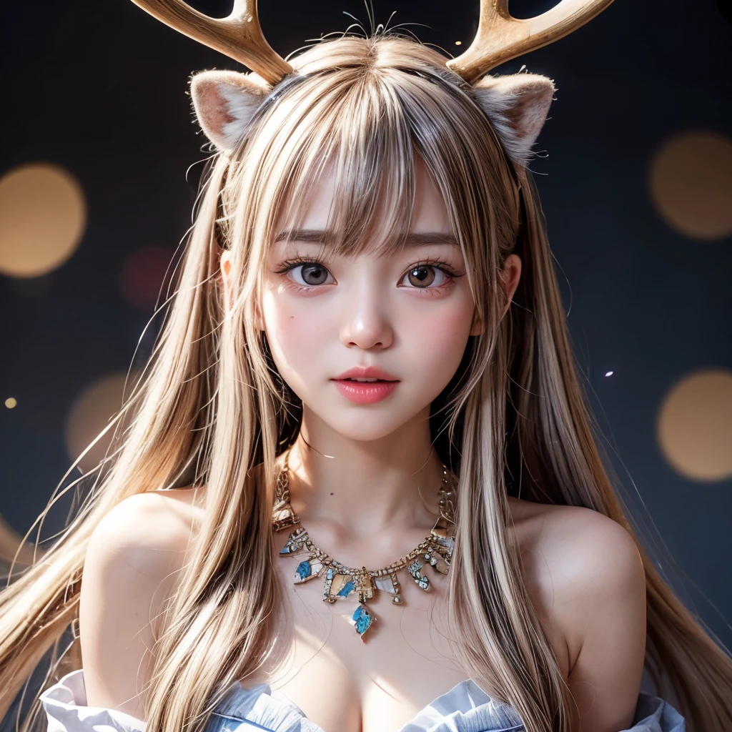 NSFW, 8k, High-level, absurd, masterpiece, best quality, primitive, very detailed CG, very detailed wallpaper, perfect lighting, Extremely detailed (((The personifying " reindeer " as a ))), MysticSight, Tyndall effect, Tyndall scattering, Studio gray background with (many Dazzling RainbowColor particles BokeH:1.28), (RoundlyButts, ThighGap), (Exposed:0.4), (Assfocus with looking ahead), BREAK (NOGIZAKA face variations) Extremely Detailed very KAWAII face variations, perfect anatomy, Childish, captivating gaze, elaborate detailed Eyes with (sparkling highlights:1.28), long eyelashes、Glossy RED Lips with beautiful details, Coquettish tongue, Rosy cheeks, Radiant PearlSkin with clear transparency . { (Dynamic LifeLike expressions:1.4) | :d) }, (large eyes:-1) .