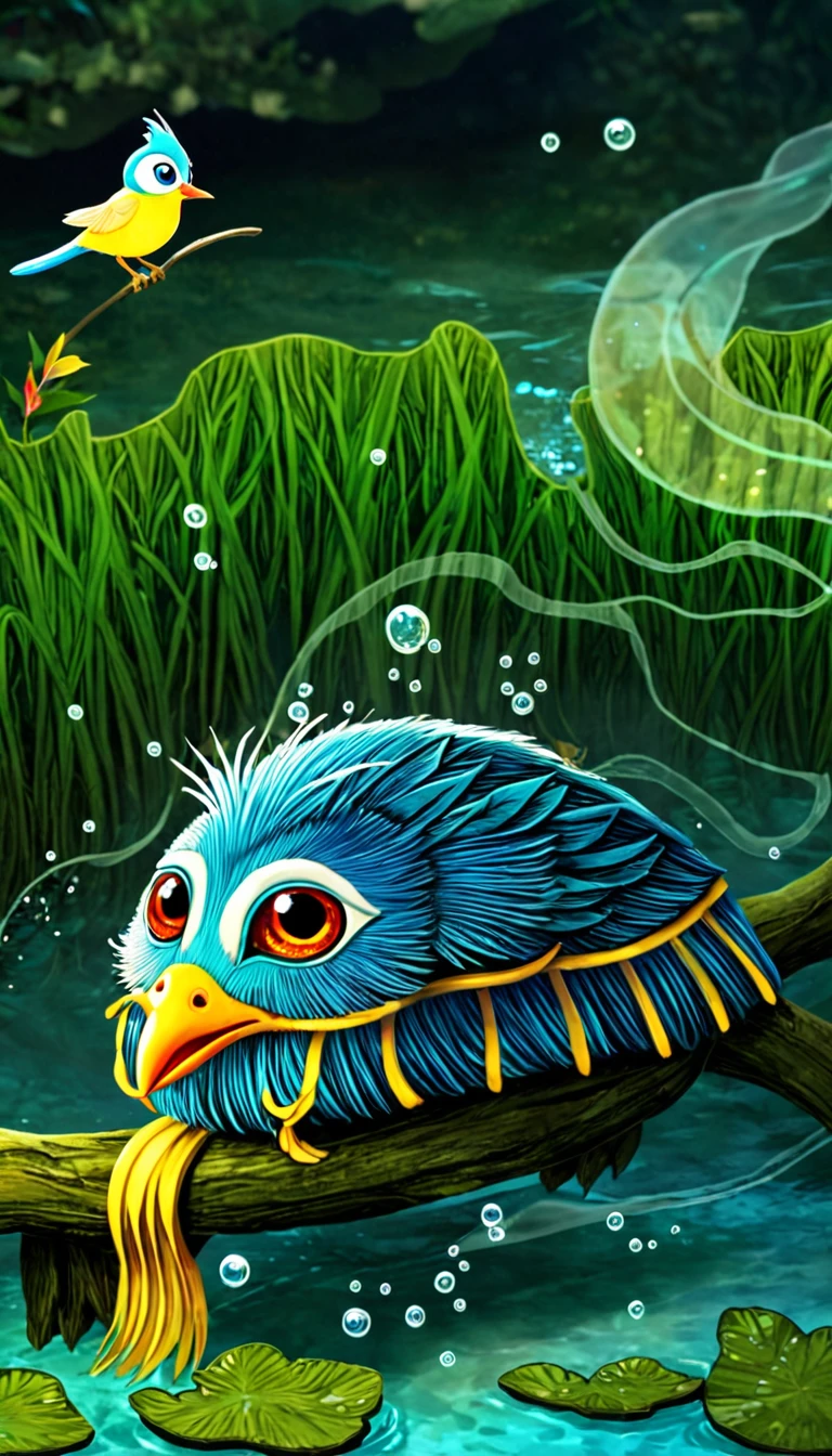 A magical creature at the bottom of the river with a bird&#39;s head and a snake&#39;s tail，The body of a turtle，Mysterious Creatures, shrike, (best quality，4K，8K，High level，masterpiece：1.2），Ultra Detailed，（lifelike，Photo real，Photo real：1.37），Highly detailed animals，Complex patterns，Dramatic lighting，Fantasy Creatures