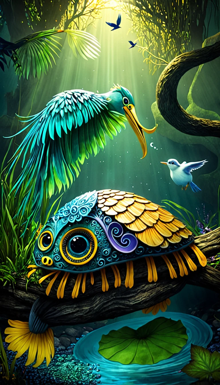 A magical creature at the bottom of the river with a bird's head and a snake's tail,The body of a turtle,Mysterious Creatures, shrike, (best quality,4K,8K,High level,masterpiece:1.2),Ultra Detailed,(lifelike,Photo real,Photo real:1.37),Highly detailed animals,Complex patterns,Dramatic lighting,Fantasy Creatures