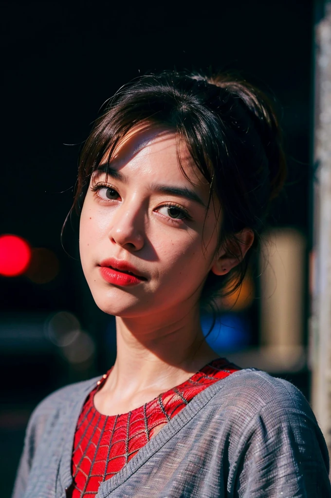 (8k, RAW photo, best quality, masterpiece:1.2), yjnn, 3d, , , grey_background, looking_at_viewer, spiderman, face portrait, realistic, shirt,(realistic, photo realistic:1), bokeh , volumetric light, HDR, bloom