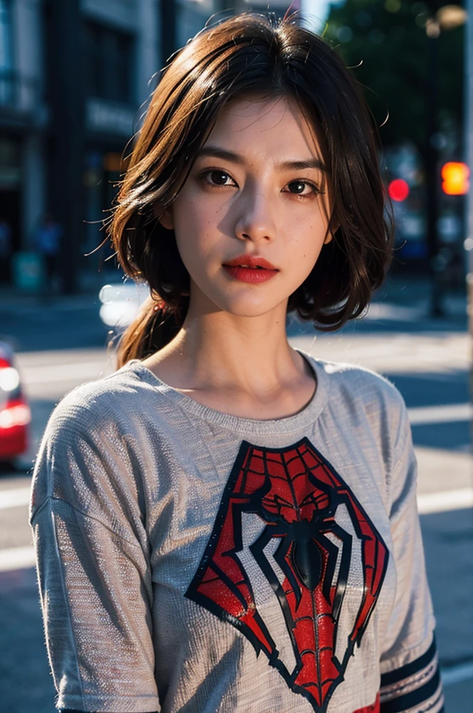(8k, RAW photo, best quality, masterpiece:1.2), yjnn, 3d, , , grey_background, looking_at_viewer, spiderman, face portrait, realistic, shirt,(realistic, photo realistic:1), bokeh , volumetric light, HDR, bloom