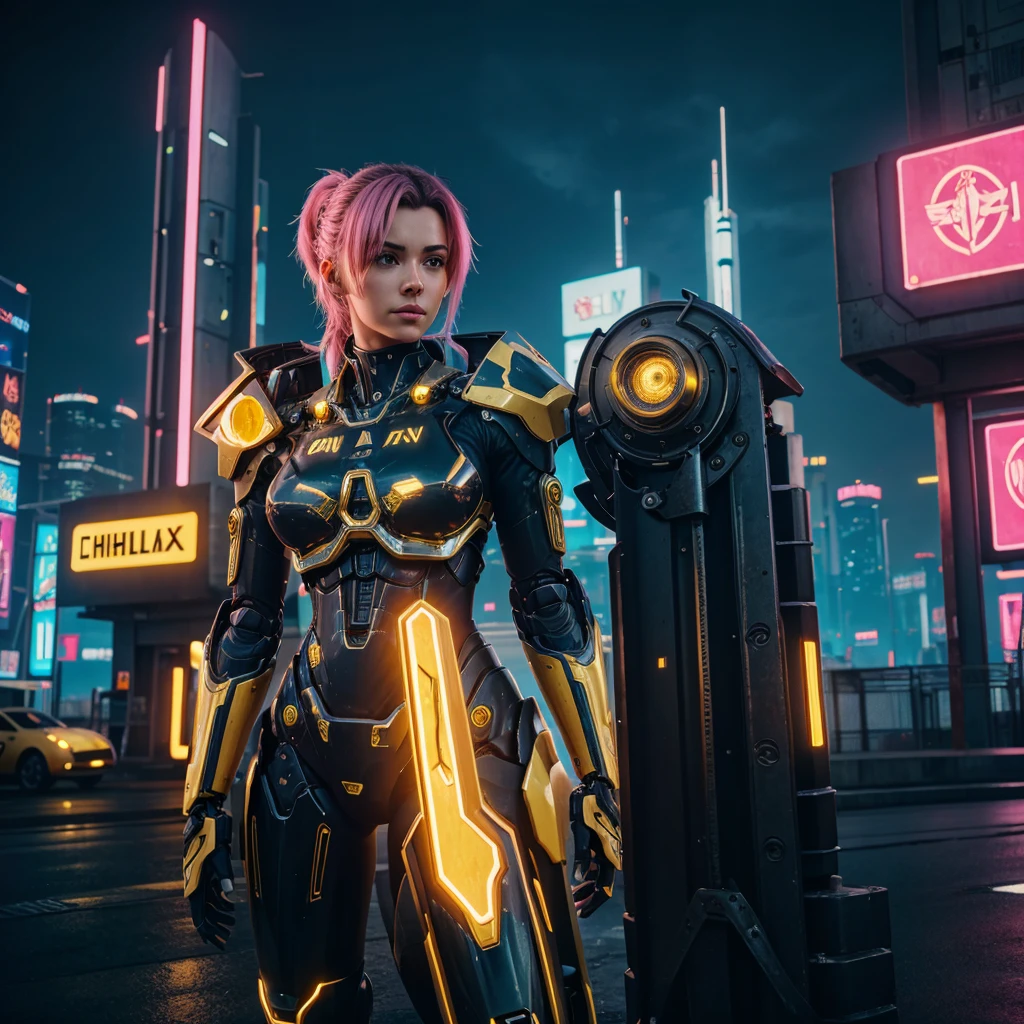 Beautiful woman, Best quality,Masterpiece,realistic,sky,night,1man, yellow mecha_robot,relic scenes,cyberpunk,school of fish,(neon lights:0.7),rim lighting,transformers style,pink background:1.4,unreal engine:1.4,UHD,The best quality:1.4, photorealistic:1.4, skin texture:1.4, masterpiece:1.8,detailed:1.4
