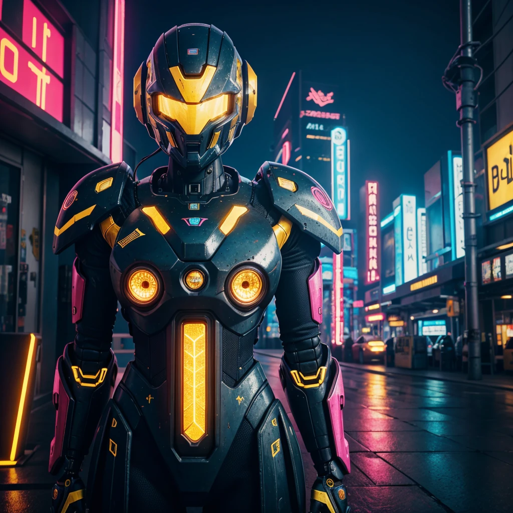 Beautiful woman, Best quality,Masterpiece,realistic,sky,night,1man, yellow mecha_robot,relic scenes,cyberpunk,school of fish,(neon lights:0.7),rim lighting,transformers style,pink background:1.4,unreal engine:1.4,UHD,The best quality:1.4, photorealistic:1.4, skin texture:1.4, masterpiece:1.8,detailed:1.4