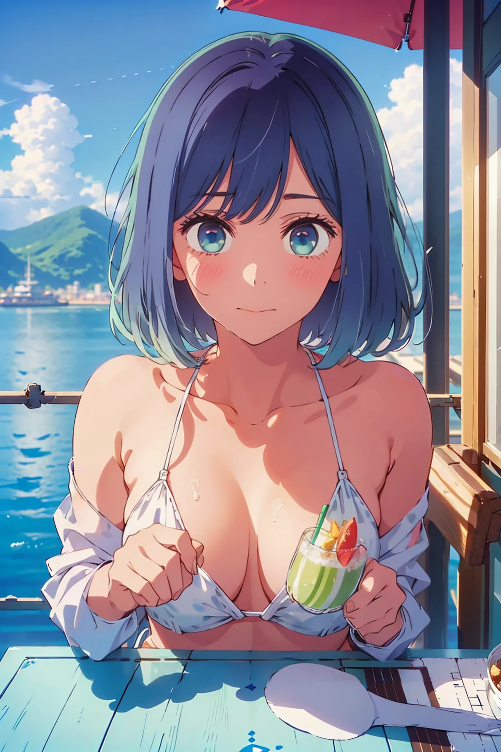 (Highest quality:1.4、8K:1.4、detailed)、((((Pose covering the  with both hands))))、Slim body、Very white beautiful skin、((((1 person、Surprised expression、sit、Chair、In the background are the urban buildings of Tokyo、looking at the camera、Outdoor café terrace、coastal、Navy hair color、juice、White side string high leg bikini、Shooting up close、table、Very cute face))))、Very blue sky、A completely cloudless sky