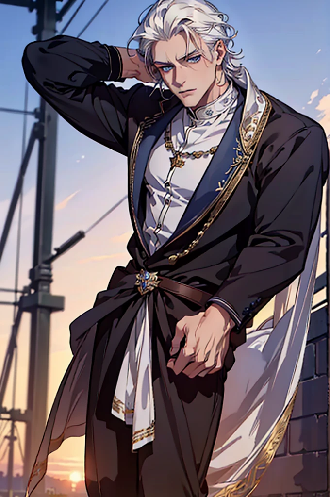 ((masterpiece:1.2, Best quality)), 4k, adult, European face, 1 person, male, , masculine, Beautiful, tall, dark casual wear, White skin, white hair, blue eyes s, portrait, sunset, man, adult man