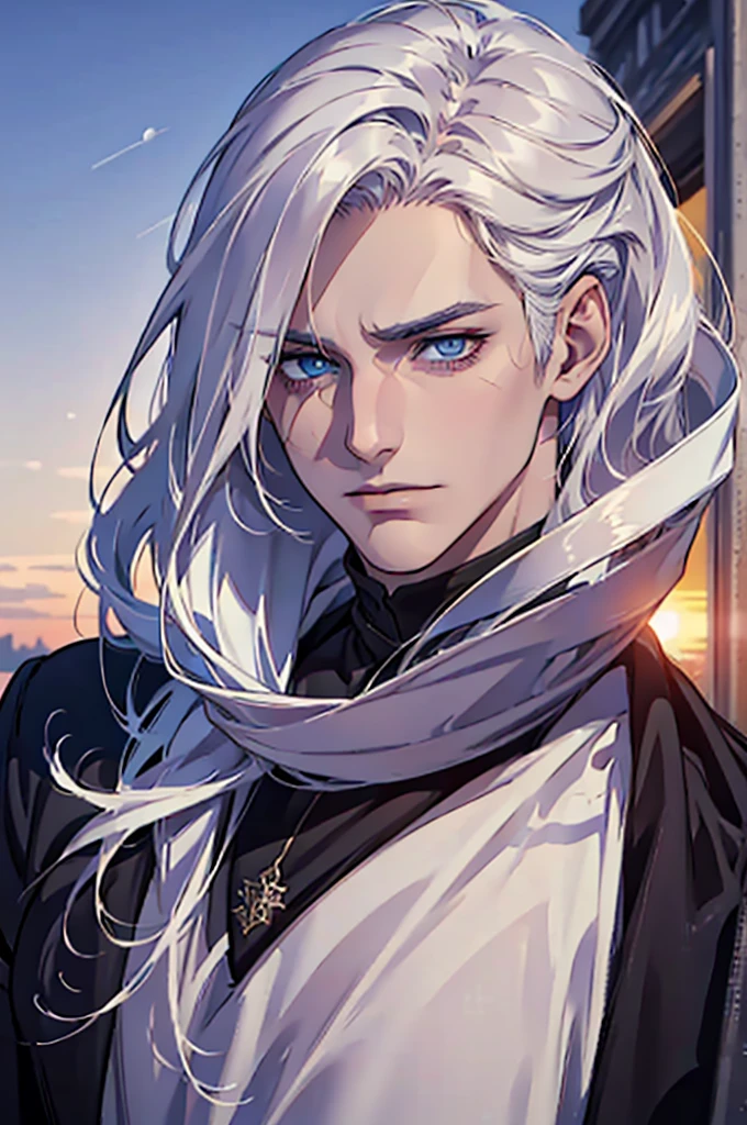 ((masterpiece:1.2, Best quality)), 4k, adult, European face, 1 person, male, , masculine, Beautiful, tall, dark casual wear, White skin, white hair, blue eyes s, portrait, sunset, man, adult man
