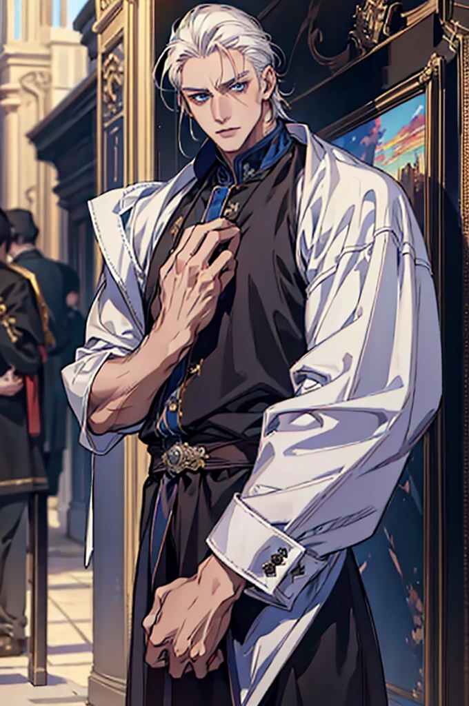 ((masterpiece:1.2, Best quality)), 4k, adult, European face, 1 person, male, , masculine, Beautiful, tall, dark casual wear, White skin, white hair, blue eyes s, portrait, sunset, man, adult man
