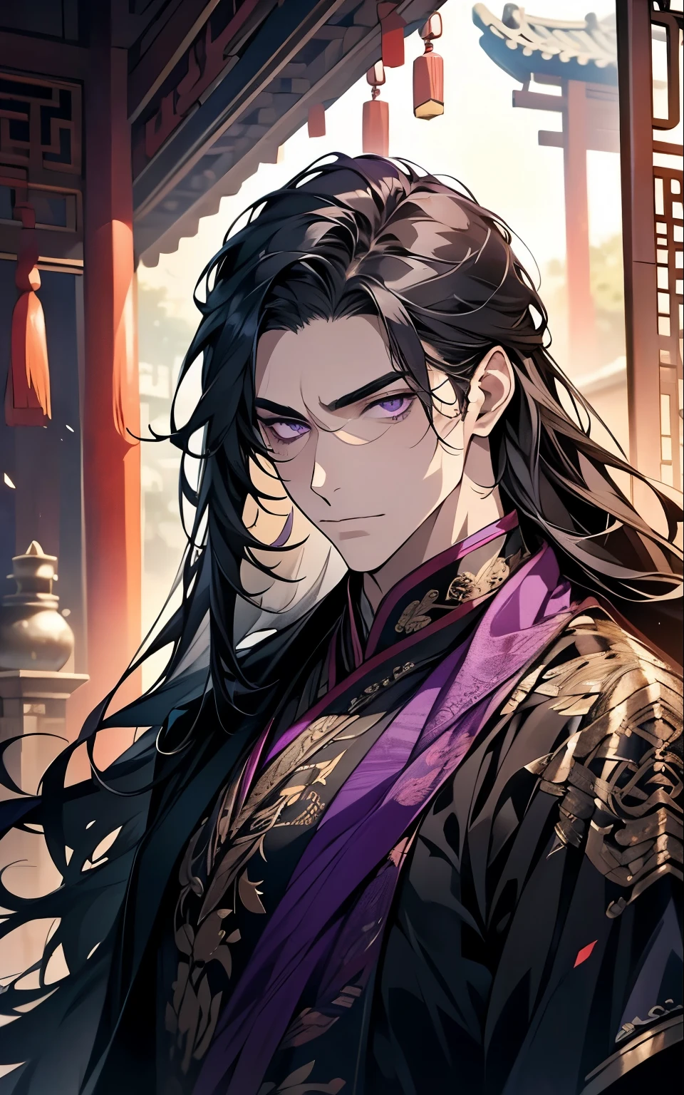 1 middle-aged man, (45 years old), long black hair, violet eyes, chinese clothes, !PURPLE! clothes, available at purple chinese room, portrait