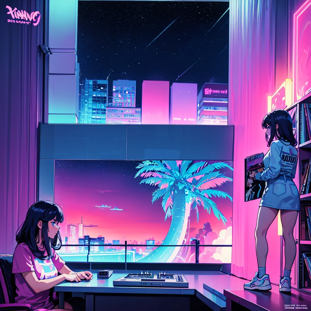 (masterpiece), Highest quality, Expressive eyes, Neon pastel aesthetics, Retro 90s, Neon color,((Girl sitting on sofa,In a cozy room,Records hanging on her wall, Comic books on the floor, Looking out the window behind her at the night city, Upholstered room, Anime figures lined up on a shelf)), Wearing headphones, (All around her it sparkles), (wearing thick colorful sneakers), (blue eyes), (Soft look), (Synthwave Art Style), Colorful Hair, Desk with PC set up