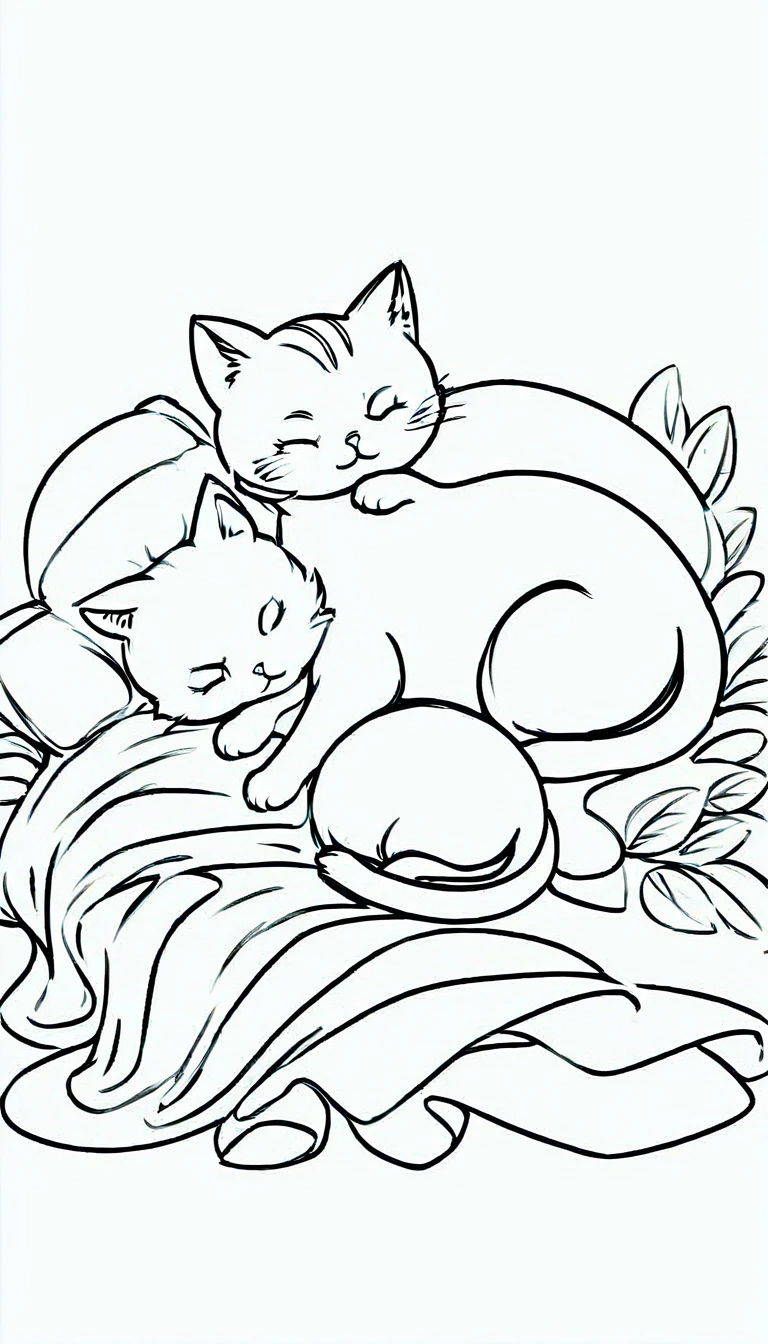 A cat sleeping on a cozy pillow with a blanket.. line art, cartoon character, 3d style, high-quality, coloring book, hand-draw.