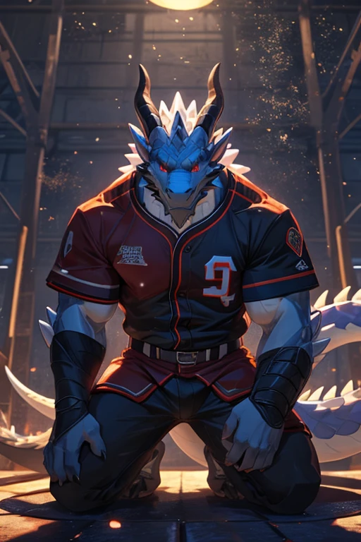 Solitary, Beast field, (dragon), anthropology, male, ((White body，Red eyes)), scales, Tail, muscle, Handsome，muscle，Body fitness，Kneeling，in baseball uniform，White baseball uniform，Sexy，Crotch bulge，male， Claws, , Depth of Field, Perfect lighting, (Light Particles),(best quality),(masterpiece),(ultra deTailed),Clear focus,Light Particles, Holding a sword