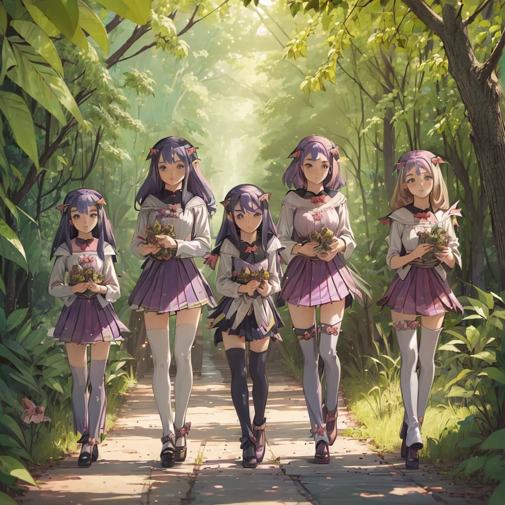 Vision, (three Lolitas: 2) Stable diffusion is the best image quality, morning sunshine, spring scenery, dew and flowers, flying hair, living in a dreamland of mushrooms and fairy tales, traveling, running, and laughing. forest path